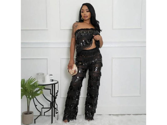 Ολόσωμη Φόρμα Strapless με Παγιέτες και Κρόσσια