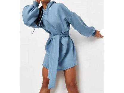 Mini Φόρεμα Φούτερ με Ζώνη και Κουκούλα