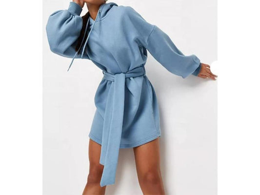 Mini Φόρεμα Φούτερ με Ζώνη και Κουκούλα