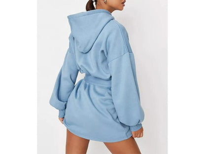 Mini Φόρεμα Φούτερ με Ζώνη και Κουκούλα