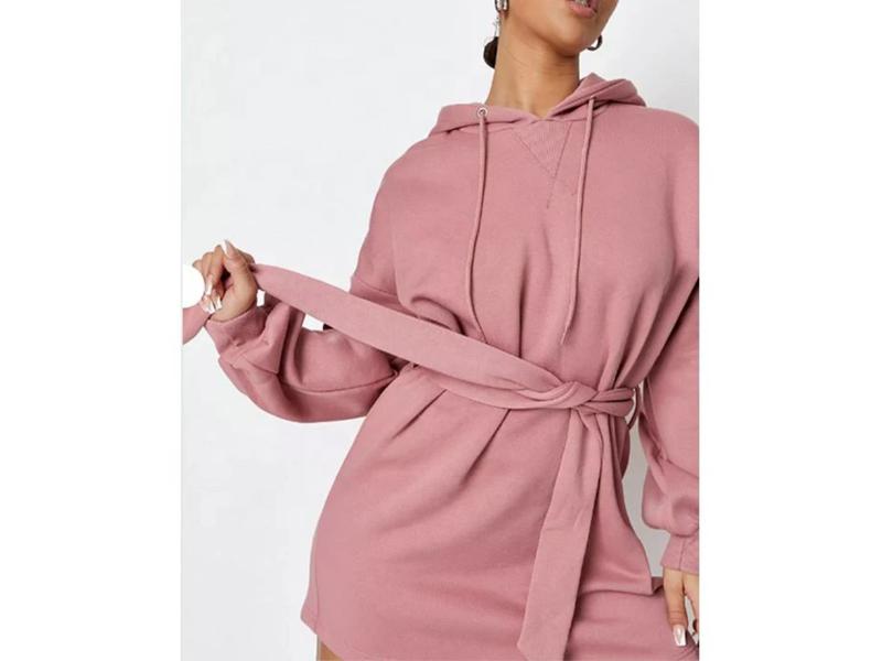 Mini Φόρεμα Φούτερ με Ζώνη και Κουκούλα