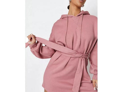 Mini Φόρεμα Φούτερ με Ζώνη και Κουκούλα