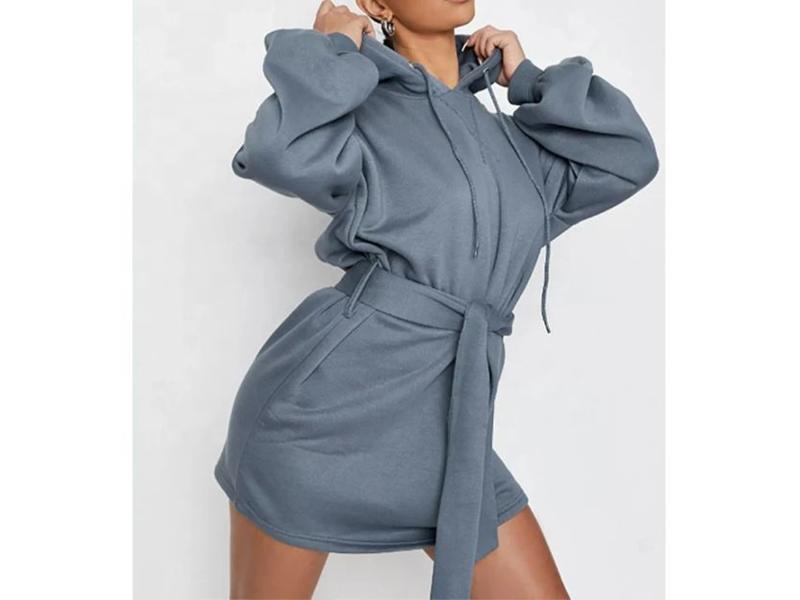 Mini Φόρεμα Φούτερ με Ζώνη και Κουκούλα