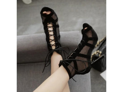 Ψηλοτάκουνες Μπότες Δίχτυ με Δέσιμο