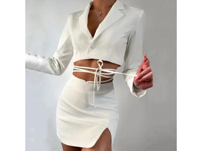 Σετ Crop Blazer και Μίνι Φούστα με Δέσιμο