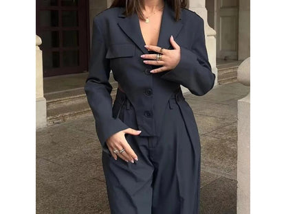 Σετ Cropped Blazer και Παντελόνι σε Μπλε Σκούρο