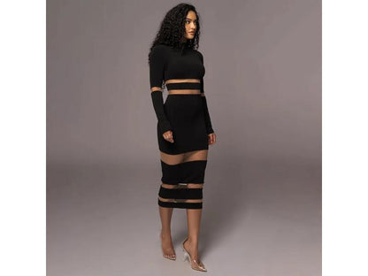 Midi Φόρεμα με Διαφάνειες και Μακριά Μανίκια