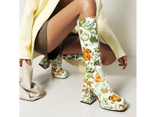 Μπότα Τακούνι Ψηλή Floral Πορτοκαλί Πράσινο