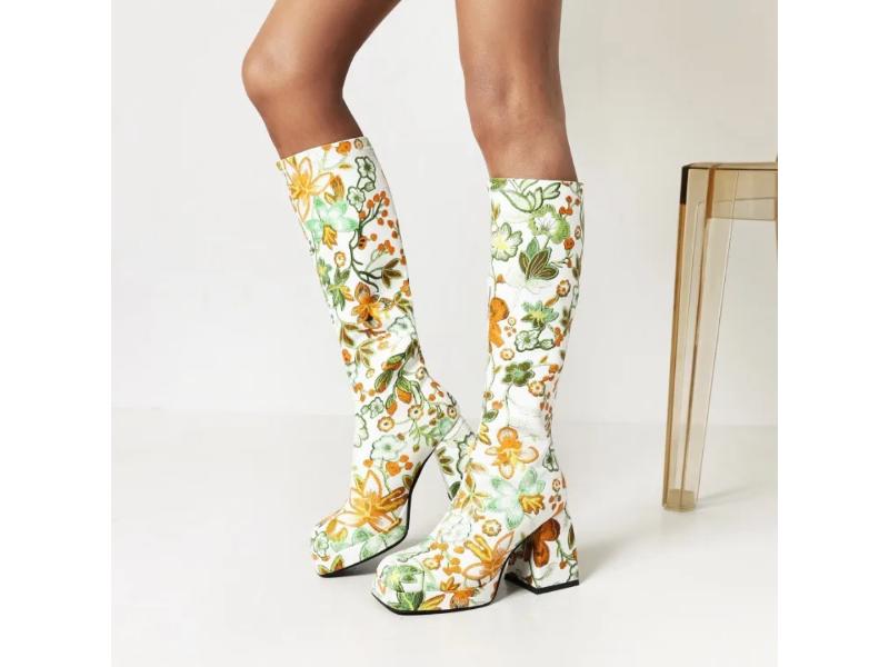 Μπότα Τακούνι Ψηλή Floral Πορτοκαλί Πράσινο