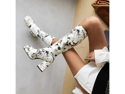 Μπότα Τακούνι Ψηλή Floral Μαύρο Άσπρο