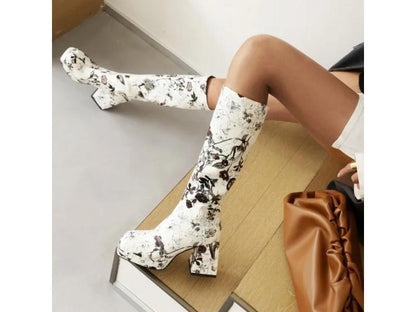 Μπότα Τακούνι Ψηλή Floral Μαύρο Άσπρο