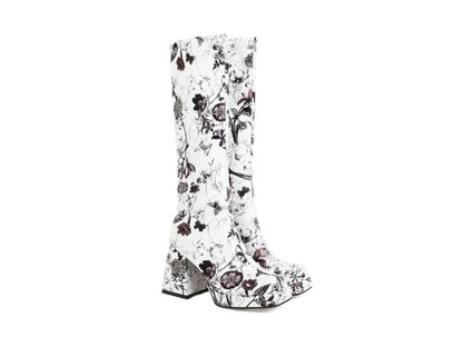 Μπότα Τακούνι Ψηλή Floral Μαύρο Άσπρο