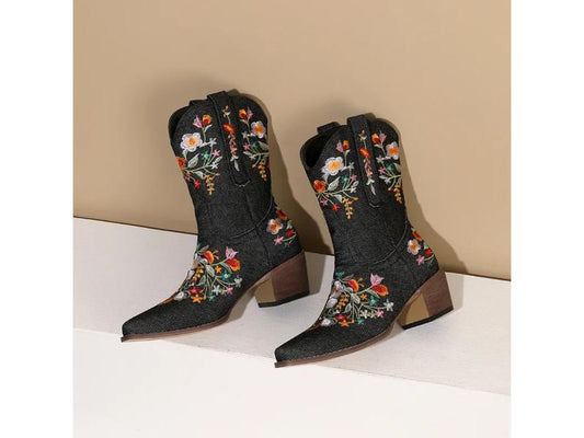 Μπότα Τακούνι Κεντητή Μαύρη