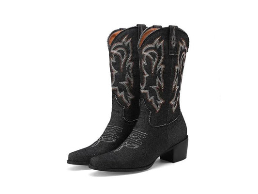 Μπότα Τακουνιού Western με Κέντημα Μαύρη