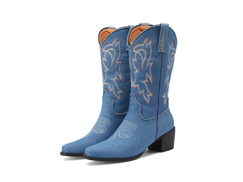 Μπότα Τακουνιού Western με Κέντημα Ανοιχτό Μπλε