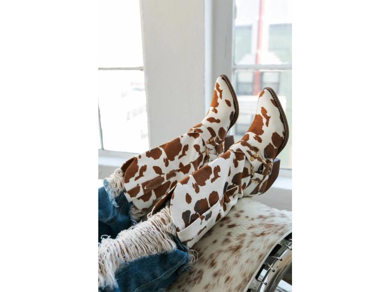 Μπότα Τακουνιού Western Cow Print Καφέ