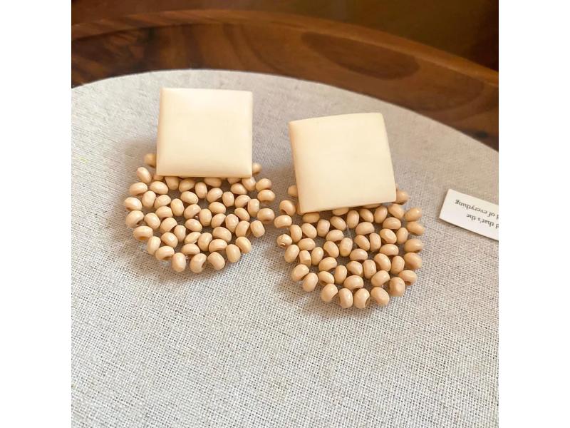 Σκουλαρίκια Wooden Round Drop Cream