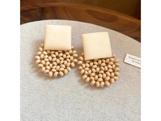 Σκουλαρίκια Wooden Round Drop Cream