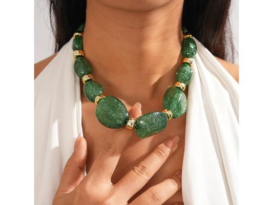 Κολιέ Statement Πράσινο με Μεγάλες Λαμπερές Χάντρες