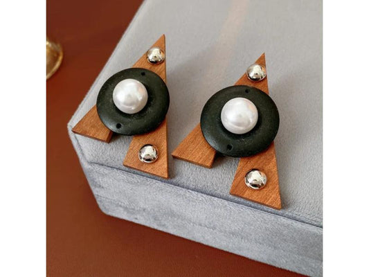 Σκουλαρίκια Geo Wood Pearl Black