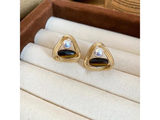 Τριγωνικά Σκουλαρίκια με Πέρλα και Μαύρη Πέτρα