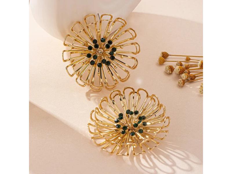 Χρυσά Flower Burst Earrings με Πράσινες Λεπτομέρειες