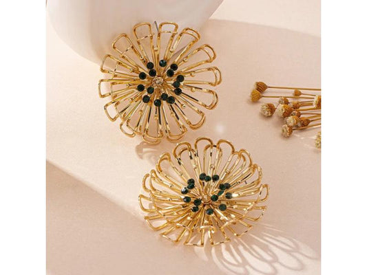 Χρυσά Flower Burst Earrings με Πράσινες Λεπτομέρειες