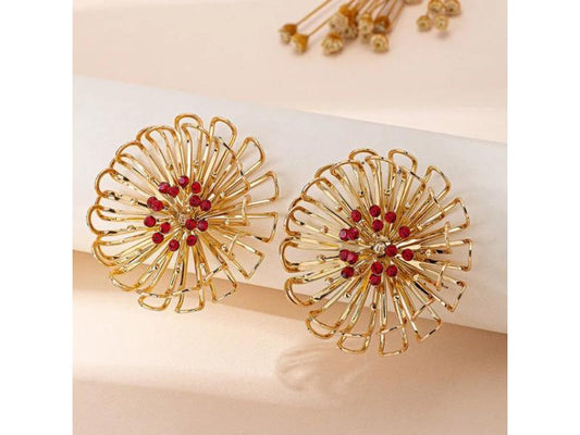 Χρυσά Flower Burst Earrings με Κόκκινες Λεπτομέρειες