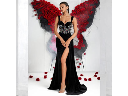 Maxi Φόρεμα Κορσές με Κέντημα και Σκίσιμο