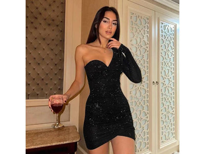 Mini Φόρεμα One Shoulder με Glitter