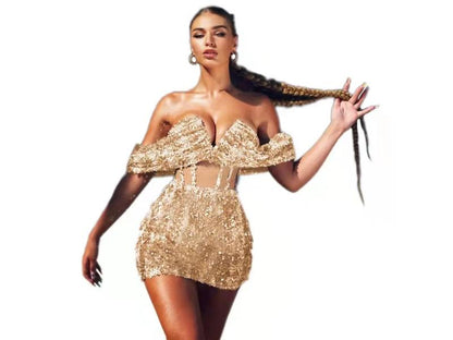 Mini Φόρεμα Off Shoulder Κορσές με Παγιέτες
