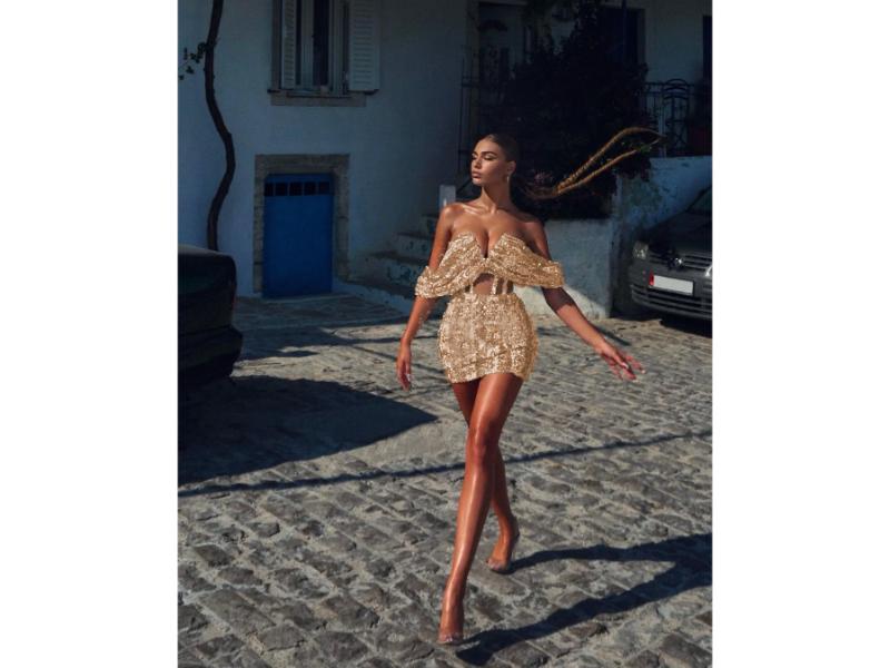 Mini Φόρεμα Off Shoulder Κορσές με Παγιέτες