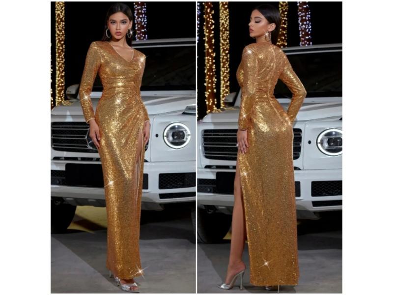 Maxi Χρυσό Φόρεμα με Σκίσιμο