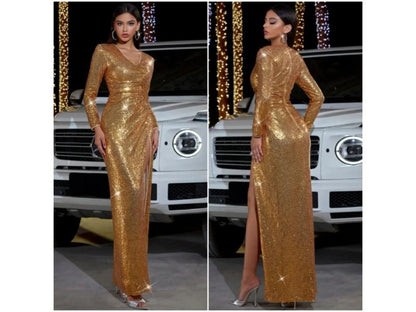 Maxi Χρυσό Φόρεμα με Σκίσιμο