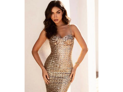 Midi Χρυσό Φόρεμα με Παγιέτες