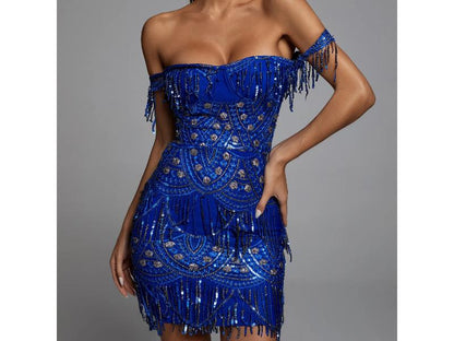 Mini Φόρεμα Strapless με Κεντήματα και Κρόσσια