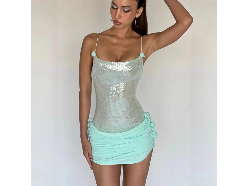 Mint Sequin Drape Mini Dress