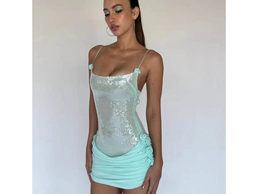 Mint Sequin Drape Mini Dress