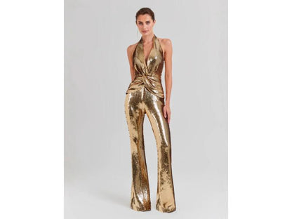 Χρυσή Ολόσωμη Φόρμα με Παγιέτες Halter