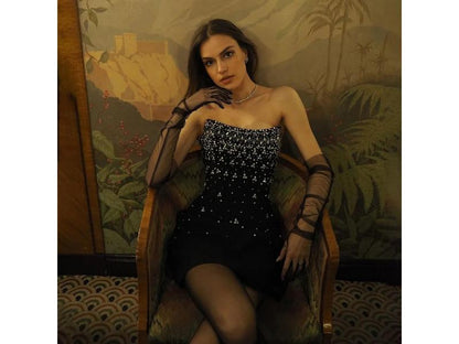 Mini Φόρεμα Strapless με Κρύσταλλα