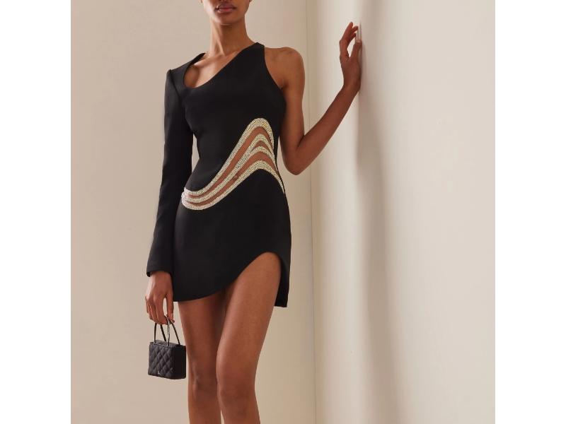 Mini Φόρεμα One Shoulder με Κρυστάλλινο Σχέδιο