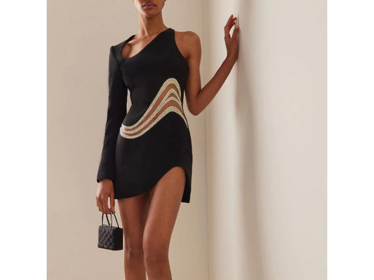 Mini Φόρεμα One Shoulder με Κρυστάλλινο Σχέδιο