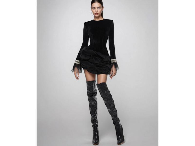 Mini Φόρεμα με Βολάν και Διακοσμημένα Μανίκια