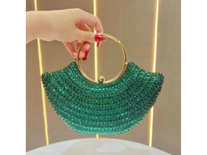 Τσάντα Χειρός Half Moon με Κρύσταλλα και Μεταλλικό Χερούλι