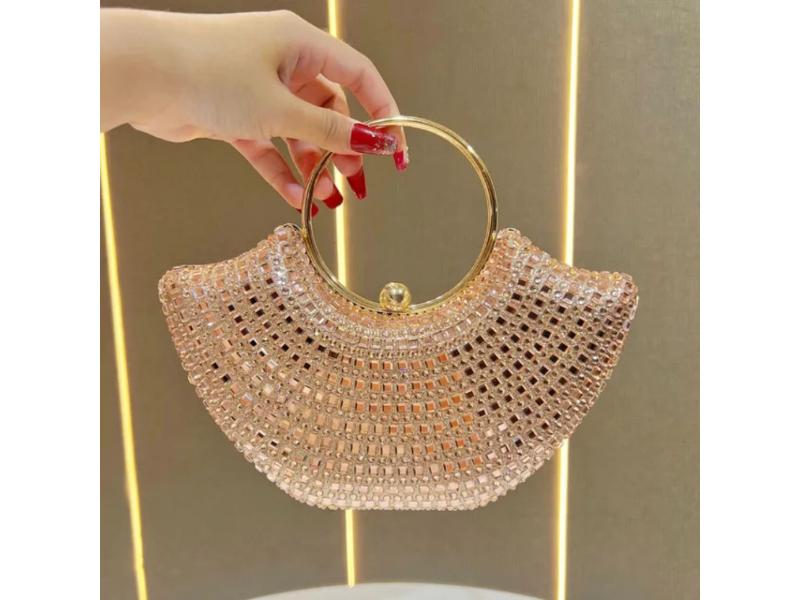 Τσάντα Χειρός Half Moon με Κρύσταλλα και Μεταλλικό Χερούλι