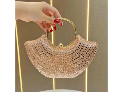 Τσάντα Χειρός Half Moon με Κρύσταλλα και Μεταλλικό Χερούλι