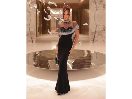 Maxi Μαύρο Βραδινό Φόρεμα με Strass και Διάφανες Λεπτομέρειες