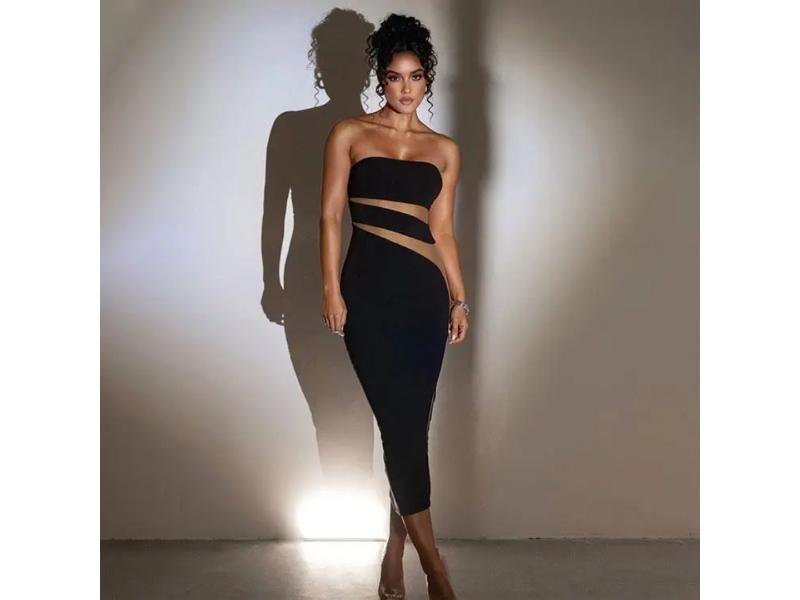 Midi Μαύρο Φόρεμα Strapless με Cut Out