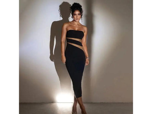 Midi Μαύρο Φόρεμα Strapless με Cut Out