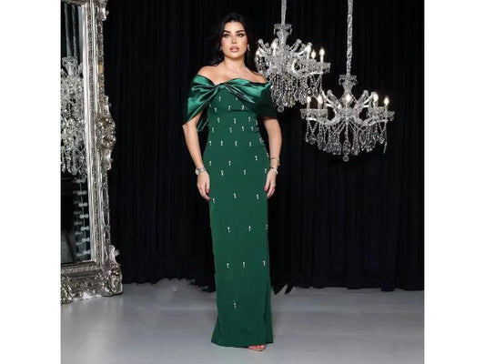 Maxi Πράσινο Φόρεμα Off Shoulder με Strass